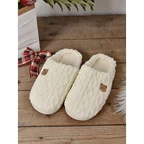 Women's Cozy Fleece Slippers with Adorable Bear Embroidery – Warm Indoor House Shoes for Winter Comfort