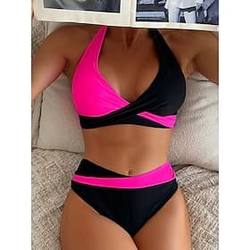 Women's Bikini 2 Piece Swimsuit Ruched Cheeky Backless Vacation Beach Wear Solid Color Halter Neck Sleeveless Bathing Suits