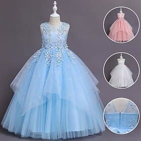Flower Girl Dress Kid's Girls' Princess Dress Performance Wedding Party Elegant Beautiful Mesh Solid Color Sleeveless Crew Neck White Pink 4 years