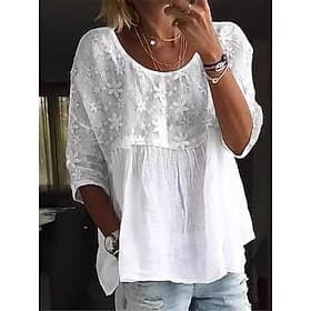 Women's Shirt Linen-feel Shirts Linen-Inspired Sets Blouse Lace Patchwork Solid Color Basic Casual 3/4 Length Sleeve V Neck Regular Tops Daily White Summer Spr