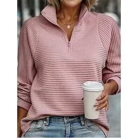 Women's Sweatshirt Casual Textured Plain Street Dailywear Turtleneck Zipper Long Sleeve White Pink Gray Fall Winter