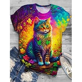 Damen T Shirt Druck Grafik Katze Lässig Kurzarm Rundhals Normale Oberteile Täglich Schwarz Gelb Braun Regenbogen Beige Herbst Winter