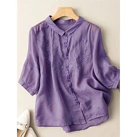 Camicia da donna 100% cotone con bottoni, ricamata, tinta unita, floreale, casual, boho, manica a 3/4, manica a gomito, colletto, top classici, per tutti i gio