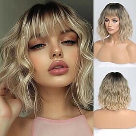 Wigs for Women Short Wavy Wig with Bangs Wig with Dark Roots Medium Length Natural Synthetic Hair for Daily Partyamp Cosplay