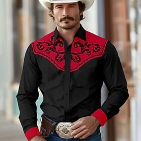 Men's Floral Western Shirt Cowboy Shirt Long Sleeve Western Style Casual Spring Fall Turndown Button Up Black