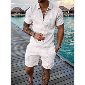 Men's Zip Polo Tee Set 2 Piece Summer Tracksuit Set Tee  Shorts Short Sleeve Polo Collar Casual Zip Up Casual Daily Lemon Pink Black Top Tee for Men