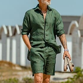 Homme Chemise Chemise Lin 2 Pièces Ensemble chemises Ensembles assortis Plein Extérieur Plein Air Vert Manches courtes Eté Printemps Vêtement Tenue