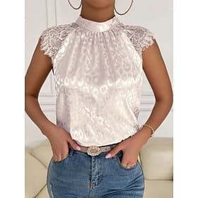 Women's Shirt Blouse Casual Lace Print Short Sleeve Regular Tops Crew Neck Daily Black Wine Beige Summer