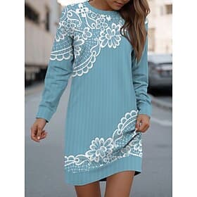 Dames Polyester Bloemig Strakke ronde hals Mini-jurk Herfst Winter thumbnail 2