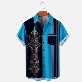 Men's Line Pinstripe Casual Shirt Button Up Shirt Short Sleeve Abstract Casual Causal Casual Spring Fall Turndown Button Up Blue