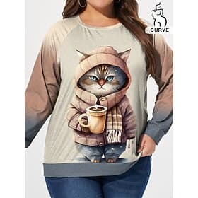 Women's Plus Size Tops Pullover Sweatshirt Cat Print Long Sleeve Crew Neck Casual Daily Fall Winter khaki