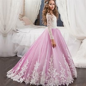 Flower Girl Dress Kid's Girls' Princess Dress Performance Wedding Party Elegant Beautiful Mesh Flower Long Sleeve Crew Neck White Pink 4 years