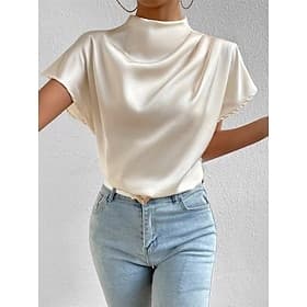 Femmes Chemise Elegant Habillé Haut en satin Patchwork Couleur Unie Quotidien Élégant Occasionnel Manche Courte Col ras du cou Hauts Réguliers Quotidien Noir B