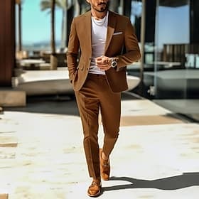 Pour des hommes Costumes Occasionnel Marron Printemps, Automne, Hiver, Été Costume / Tailleur Quotidien Tenu de travail Couleur Unie Coupe Standard 2 pièces Si