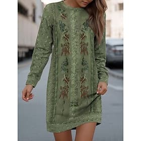 Dames Polyester Bloemig Strakke ronde hals Mini-jurk Herfst Winter thumbnail 3