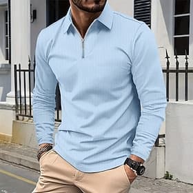 Men's Polo Shirts Quarter Zip Polo Vacation Street Quarter Zip Long Sleeve Fashion Basic Stripes Pocket Spring   Fall Regular Fit Navy Blue Polo Shirts