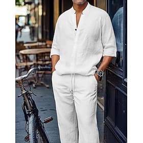 Men's 2 Piece Shirt Set Matching Sets Casual Shirt Plain Street Daily Black White Dark Gray Light Blue Long Sleeve Standing Collar Spring  Summer Clothing Appa