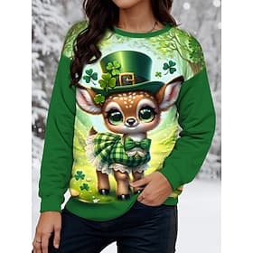 Women's St. Patrick's Day Sweatshirt Reindeer Shamrock  Street Print Casual Crew Neck Long Sleeve Micro-elastic Spring   Fall