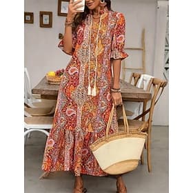 Women's Maxi Dress Casual Dress Boho Dress Cute Stylish Casual Vacation Daily Loose Fit Graphic 3/4 Length Sleeve V Neck Red Blue Orange Summer Spring Fall