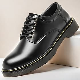 Men's Black Faux Leather Lace-Up Shoes with Yellow Stitching, Durable Casual Sneakers for Work and Everyday Wear