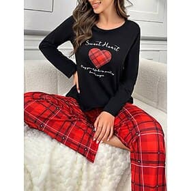 Women's Pajama Set Casual Comfort Comfrt Heart T Shirt Pant Home Long Sleeve Crew Neck Red Spring Fall Winter