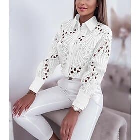 Women's Blouse Hole Hollow Solid / Plain Color Elegant Lace V Neck Daily Black White Dusty Rose Spring   Fall