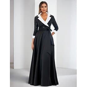 A-Line Evening Gown Elegant Dress Formal Wedding Floor Length 3/4 Length Sleeve Shirt Collar Pocket Satin with Glitter Slit 2024