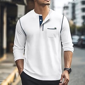 Herren T Shirt Henley Shirt Tee T-Shirt langarmshirt Langarm Farbblock Modisch Designer Basic Patchwork Henley Urlaub Strasse Ausgehen Frühling  Herbst Dunkel