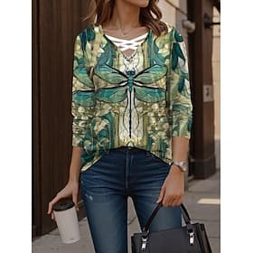 Women's T Shirt Casual Cut Out Print Long Sleeve Regular Tops V Neck Daily Green Spring Fall