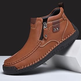 Men's Brown Faux Leather Ankle Boots with Side Zipper and Non-Slip Sole – Casual Outdoor Boots for Work, Travel, and Everyday Wear