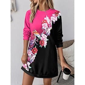 Women's Ombre Floral Crew Neck Mini Dress Fall Winter