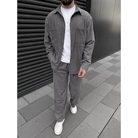 Men's Shirt 2 Piece Shirt Set Matching Sets Casual Shirt Corduroy Shirt Brown Green khaki Gray Light Blue Long Sleeve Solid Color Collar Street Daily Clothing