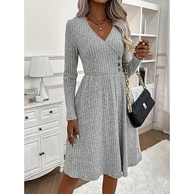 Damen Vintage-Kleid Minikleid Knopf Drapiert Ausgefallene V Ausschnitt Langarm Grau Farbe