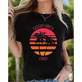 Dames T-shirt 100% katoen Casual Afdrukken Korte mouw Normale tops Dagelijks Zwart Zomer thumbnail 2