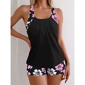 Women's Swimwear Tankini 2 Piece Boy Leg Swimsuit Backless High Waist Vacation Beach Wear Floral U Neck Sleeveless Bathing Suits