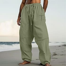 Men's Linen Pants Trousers Summer Pants Baggy Pants Pocket Drawstring Elastic Waist Plain Comfort Breathable Full Length Casual Daily Holiday Vacation Streetwe