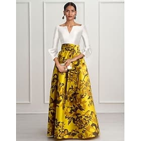 Ligne A Longueur au sol Robe de Soirée Tenue de soirée Fente Haute manche longue Col en V Formel Satin avec Imprimé floral