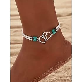 Bohemian Double Heart Beaded Anklet for Women, Handmade Beach Jewelry with Turquoise and White Beads, Perfect for Summer, Vacations and Gifts