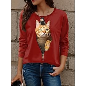 Women's T shirt Crew Neck Long Sleeve Tunic Cat Modern Casual  Regular Tops Daily Weekend Print White Yellow Red Blue Dusty Blue Fall Winter