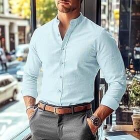 Men's Shirt Summer Shirt Dress Shirt Band Collar Shirt Button Up Shirt Solid Color Business Work Blue Black White Pink Long Sleeve Mandarin Collar Clothing App