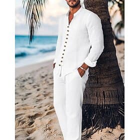 Hombre Camisa Guayabera 2 Piezas Conjunto de camisa Conjuntos a juego Camisa casual Plano Vacaciones Noche Negro Blanco Azul claro Manga Larga Cuello Mao Prima