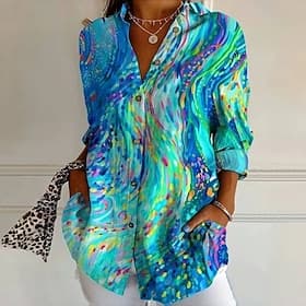 Women's Hawaiian Shirts Flowy Tops Vintage Casual Graphic Geometric Long Tops Long Sleeve Shirt Collar Patchwork Buttons Print Form Fit Vacation Work Daily Lig