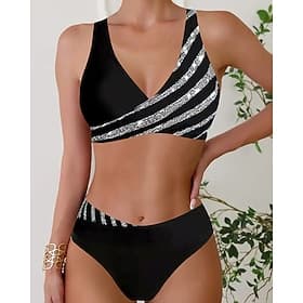 Per donna Tankini Costume da bagno a due pezzi A V Costumi da bagno Strisce Costumi da bagno Nero Vino Traspirante Asciugatura rapida Leggero Senza maniche - N