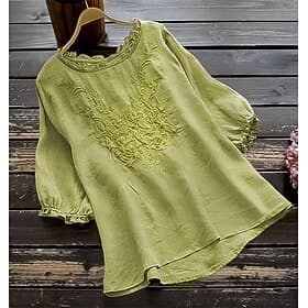 Women's Shirt Cotton Linen Shirts Blouse Faux Cotton Linen Embroidered Solid Color Fashion Casual Round Neck Daily Street White Yellow Red Green Khaki Summer