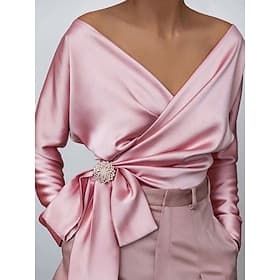 Women's Blouse Tie Front Solid Color Elegant Sports Daily Long Sleeve V Neck Regular Tops Daily Blue Pink Summer Spring Fall