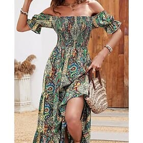 Women's Long Dress Maxi Dress A Line Dress Summer Dress Boho Dress Elegant Bohemia Stylish Vacation Daily Date Regular Fit Graphic Short Sleeve Off Shoulder Gr