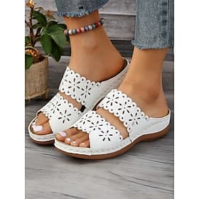Women's White Slip-On Sandals with Floral Cut-Out Design Comfortable Sole and Casual Style for Summer Wear and Daily Outings