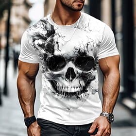 Herren Coole Totenköpfe Flamme T Shirt Kurzarm T-Shirt 3D-Druck Rundhalsausschnitt Hemd Übertrieben Designer Party Ferien Club Weiß Sommer Frühling Bekleidung