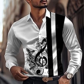Homme Rayé Notes de musique Chemise en satin Chemise Chemise boutonnée manche longue Mode Décontractée Vacances du quotidien Soirée Eté Printemps Automne Col r