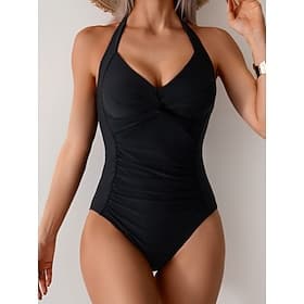 Women's One Piece Swimsuit Slimming Ruched Monokini Tummy Control High Waist Slim Backless Vacation Beach Wear Solid Color Halter Neck Sleeveless Bathing Suits